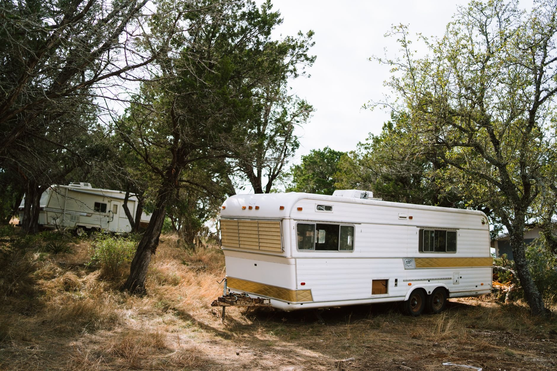 Vintage camper trailers in a forest setting